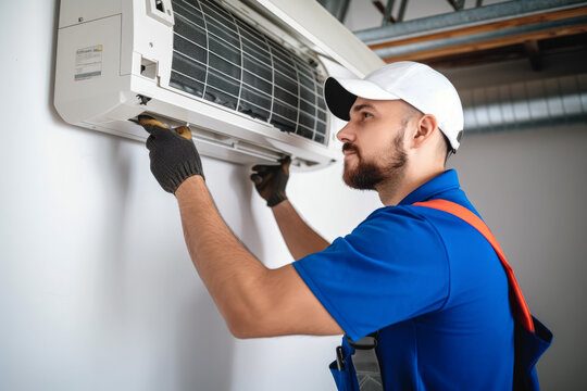 HVAC technician installing a mini split air conditioner in Firestone