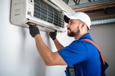 Air conditioning technician servicing a wall-mounted AC unit in Firestone, CO